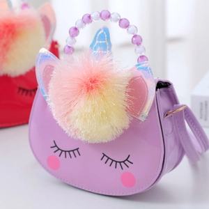 Sparkling purple unicorn handbag for girls with plush pom-pom and beaded handle