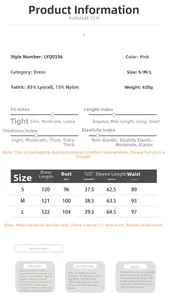Size guide for pink V-neck ruffled dress with fabric details and measurements