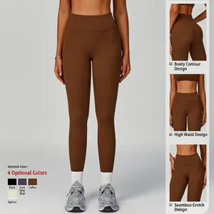 High-waisted recycled women's yoga leggings with butt-lifting seam in brown color