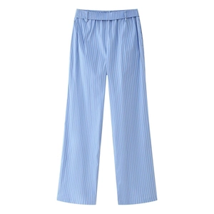 Detailed view of light blue striped straight-leg pants with elastic waistband