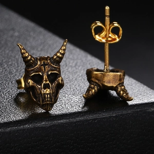 Gothic punk skull stud earrings with cross detail in vintage gold finish on leather