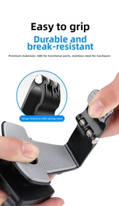 Detail of multi-functional car phone mount showing flexible ABS material and spring hinge