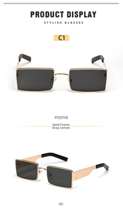 Front and 45-degree angle view of vintage rectangle sunglasses with gold metal frame