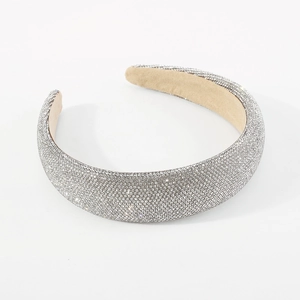 Detail of padded rhinestone headband with silver crystals and anti-slip lining