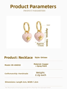 Detailed view of pink heart earrings with gold stars including size and weight specs