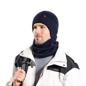 Men's winter knit beanie and neck warmer set in navy blue with thermal fleece lining
