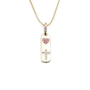 Gold-plated rectangle pendant necklace with pink zircon heart and crystal cross icon