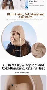 Close-up of khaki winter hood with warm white fleece lining and integrated face mask