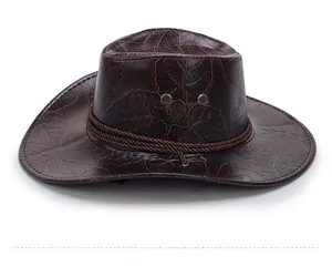 Detail of dark brown western cowboy hat with leaf texture and braided rope decoration