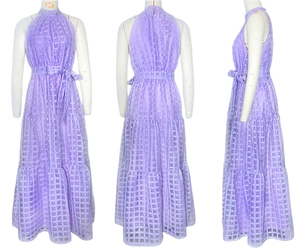 Detailed views of light purple plaid halter neck tiered maxi dress with waist tie