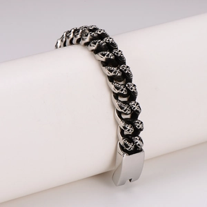 Punk style stainless steel skull bracelet with vintage silver-black finish and heavy links
