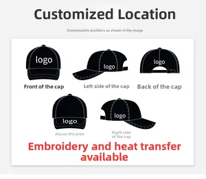 Infographic showing five customizable embroidery and printing areas on a cotton baseball cap