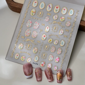 5D Embossed Nail Stickers Tulip Floral Gold Stamping French Style 3D Relief Decals For DIY Manicure Decoration