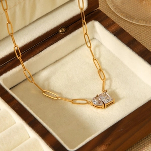 18k gold plated stainless steel necklace with square and blue teardrop zircon pendant