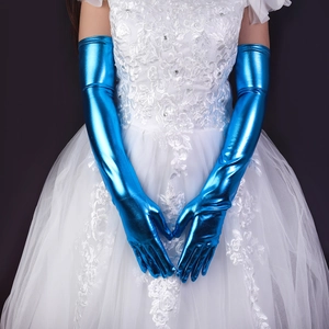 50cm extra-long metallic blue shiny patent leather gloves for women cosplay party performance