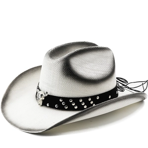 Chapeau De Paille Cowboy Occidental Rétro Respirant À Bord Large Dégradé Avec Bande À Rivets Et Décor En Métal De Crâne De Taureau