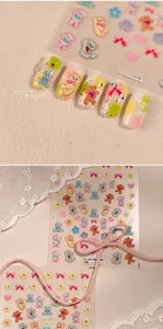 Detail view of TS-3804 embossed nail stickers with cartoon bear and floral patterns