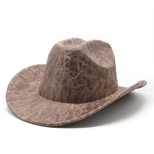 Retro Western Cowboy Hat Wide Brim Cracked Texture Faux Leather Sun Protection Outdoor Jazz Cap For Men And Women