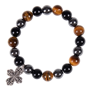 Bracelet Perles Oeil De Tigre Obsidienne Hématite Vintage Avec Pendentif Croix En Alliage Bijoux Pierre Naturelle Homme