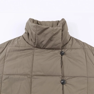 Women's short puffer jacket in dark brown with quilted square patterns and stand collar