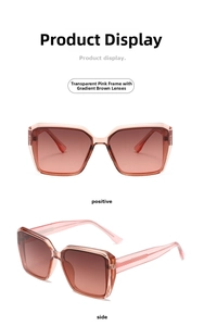 Detail view of transparent pink square sunglasses with brown gradient lenses