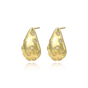 18k gold plated teardrop stud earrings with heart patterns and zircon accents