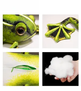 Detail view of green frog plush showing realistic eyes, hidden zipper and cotton filling