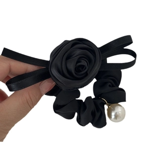 French vintage black satin hair scrunchie with silk rose, bow and pearl pendant charm