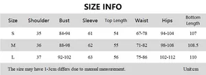 Detailed size chart info with measurements for women long sleeve top and pants set