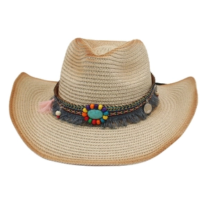 Western Straw Cowboy Hat Bohemian Turquoise Beads Tassel Sun Protection Wide Brim Summer Beach Travel For Men Women