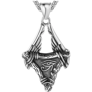 Vintage stainless steel Eye of Horus necklace with wings and distressed silver finish