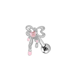 Minimalist silver bow ear stud with pink heart gemstone and fluid metal design