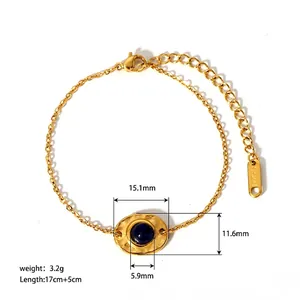 Détails du bracelet en acier doré 18K avec pierre bleue ovale et guide des dimensions