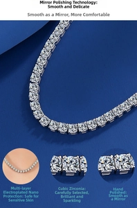 Macro detail of Moissanite tennis necklace with cubic zirconia and polished plating