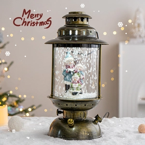 Vintage bronze Christmas snow globe lantern with snowman family and LED light decor