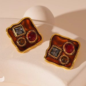 Vintage geometric square earrings with amber enamel, red rubies, and gold wave edges