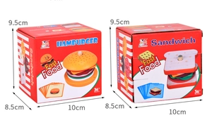 Miniature play food toy set with sandwich and burger models showing dimensions 10x8.5x9.5cm