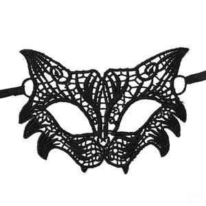 Close-up detail of black lace masquerade mask with intricate floral embroidery and textures