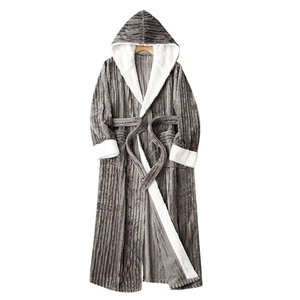 Extra long hooded striped flannel bathrobe with white fleece lining in dark grey