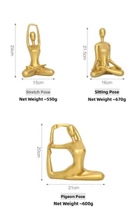 Detail view showing dimensions of Nordic style gold yoga figures with precise measurements