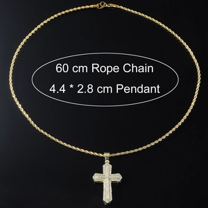 Iced out gold cross pendant necklace with 60cm rope chain for men hip hop style
