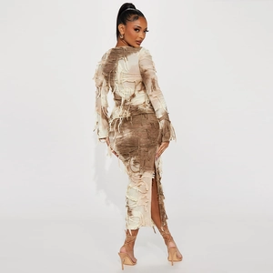 Sexy tie-dye long sleeve dress with tassel fringe and side slit detail in brown and beige