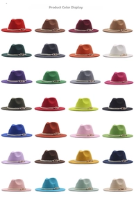 Grille de catalogue présentant vingt-huit couleurs de chapeaux fedora en laine à boucle dorée