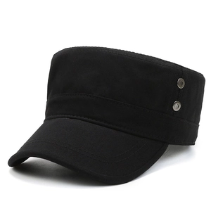 Classic black cotton cadet cap with metallic eyelets and structured flat top design