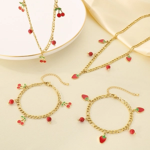 Necklace And Bracelet Jewelry 18K Gold Plated Stainless Steel With Red Resin Strawberry Cherry Fruit Charms For Women