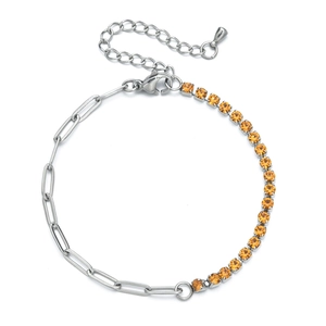 Detail of 3mm orange zircon tennis chain and paperclip link bracelet in silver