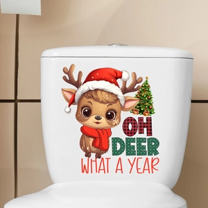 Close-up of Christmas deer wall sticker with Oh Deer What a Year text on white toilet tank