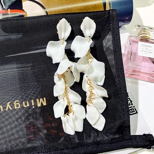 Long white layered rose petal tassel earrings with elegant gold chain link details