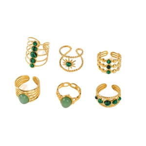 Set of 6 vintage 18k gold plated stainless steel rings with green malachite stones