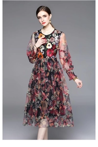 Détail rapproché de la robe en maille avec broderies florales 3D colorées et textures
